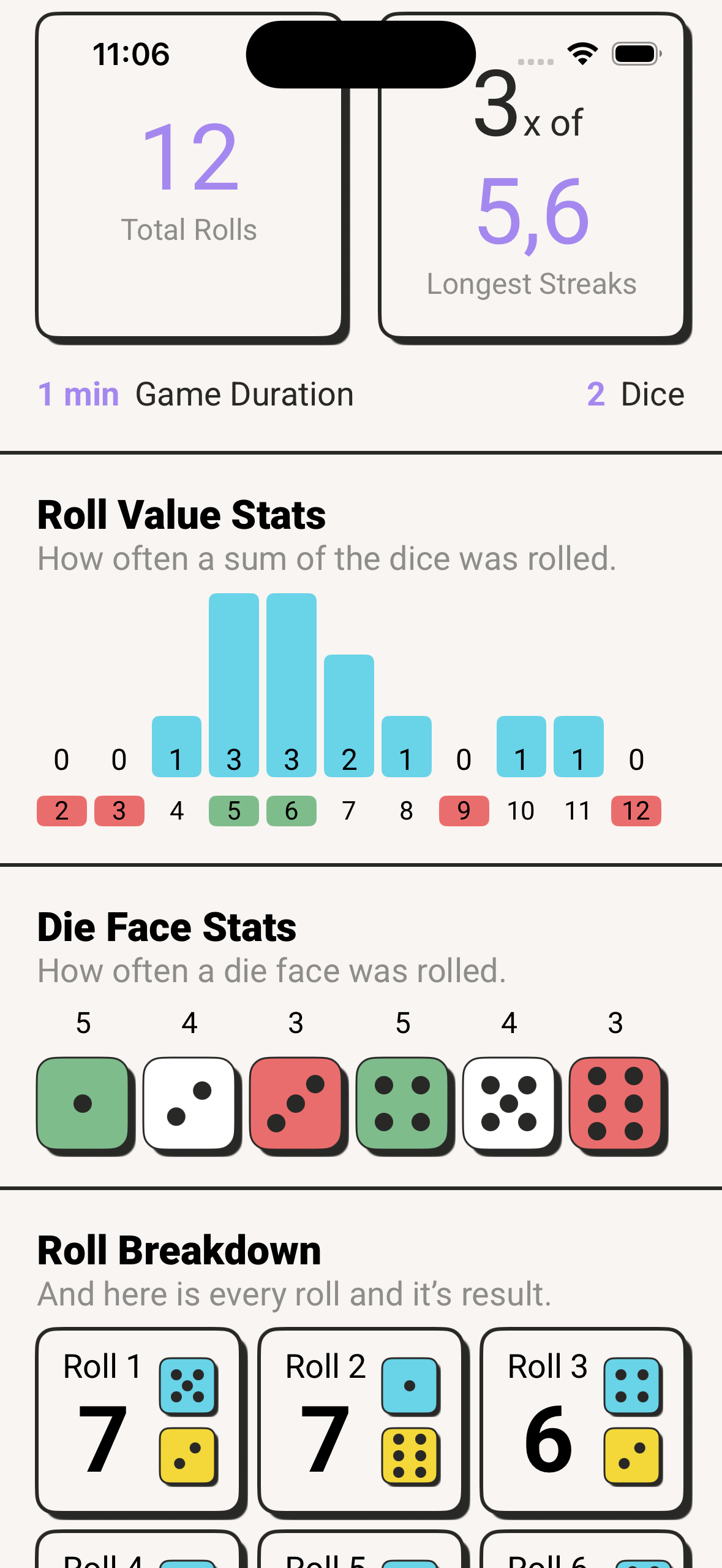 Dice Mate app showing roll stats